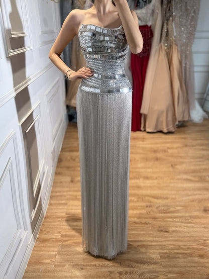 Luxury Gold Crystal Beaded Strapless Tassel Evening Dress LA73785 SERENE HILL
