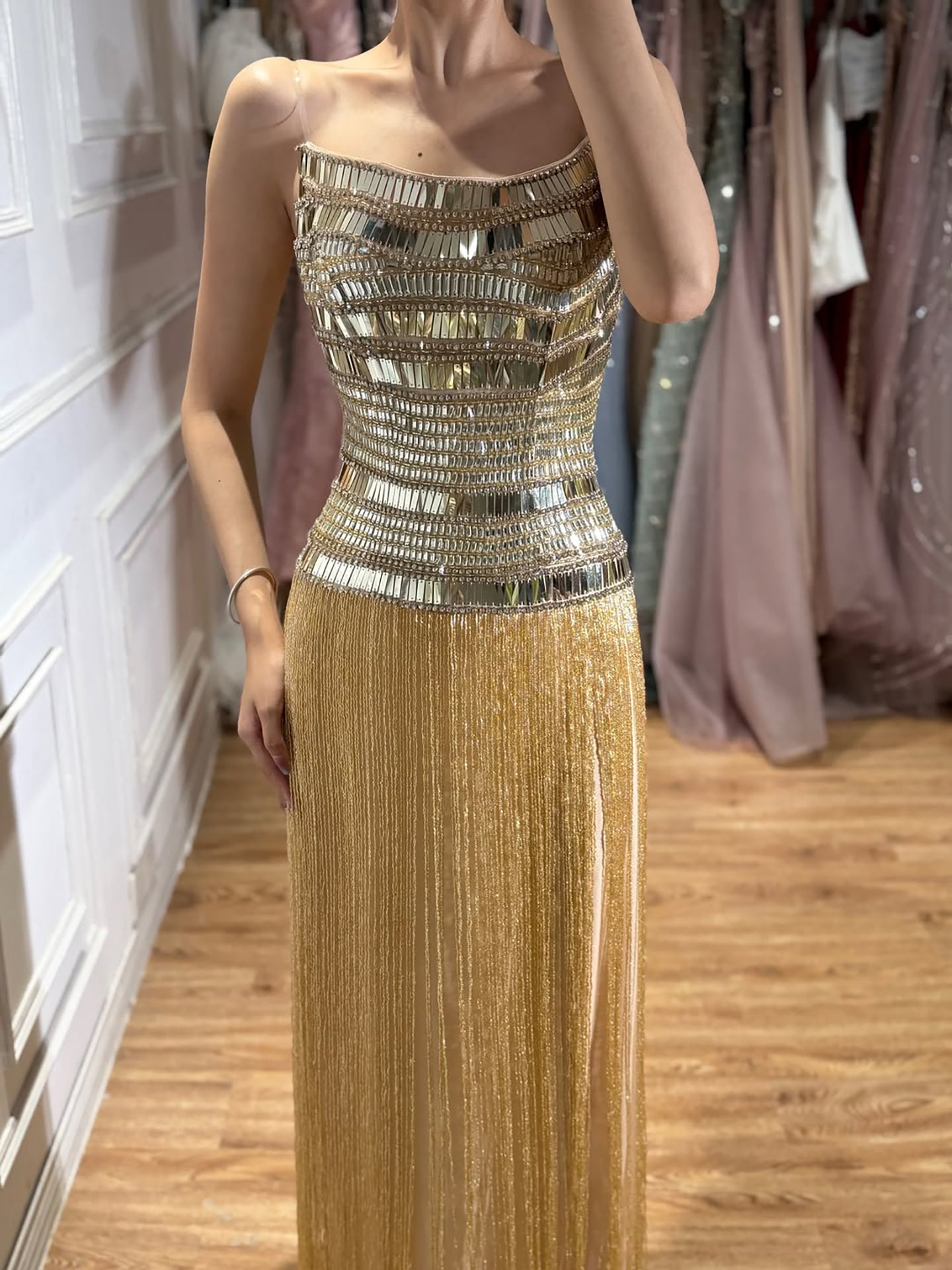 Luxury Gold Crystal Beaded Strapless Tassel Evening Dress LA73785 SERENE HILL