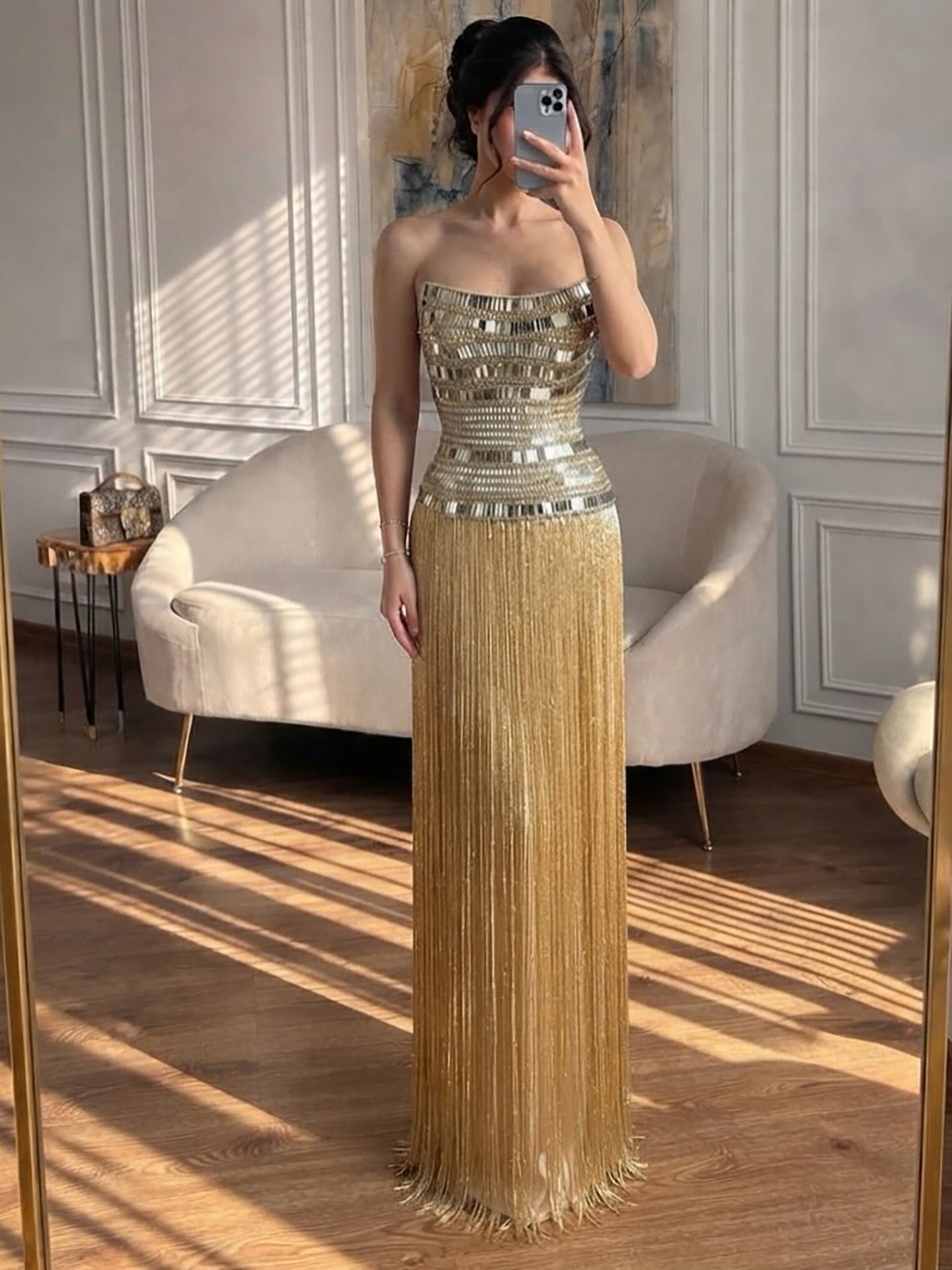 Luxury Gold Crystal Beaded Strapless Tassel Evening Dress LA73785 SERENE HILL