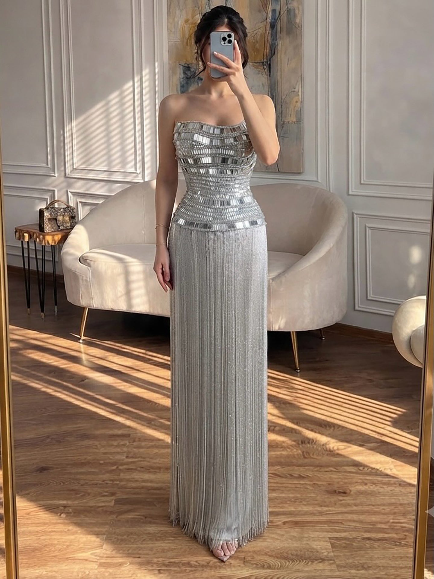 Luxury Gold Crystal Beaded Strapless Tassel Evening Dress LA73785 SERENE HILL