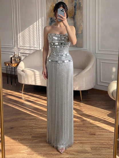 Luxury Gold Crystal Beaded Strapless Tassel Evening Dress LA73785 SERENE HILL
