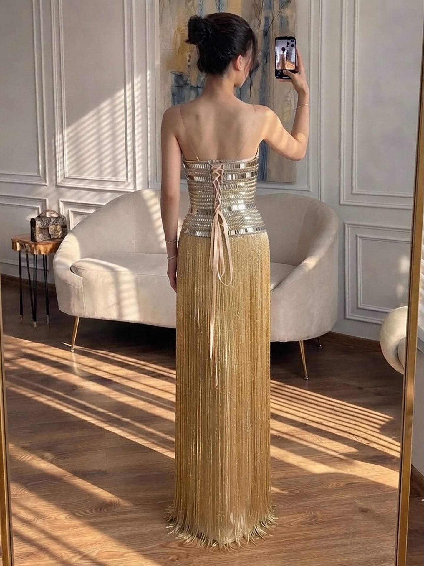 Luxury Gold Crystal Beaded Strapless Tassel Evening Dress LA73785 SERENE HILL
