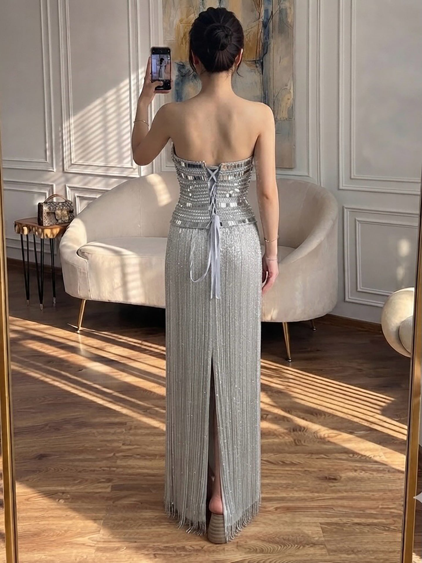 Luxury Gold Crystal Beaded Strapless Tassel Evening Dress LA73785 SERENE HILL