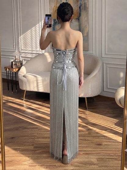 Luxury Gold Crystal Beaded Strapless Tassel Evening Dress LA73785 SERENE HILL