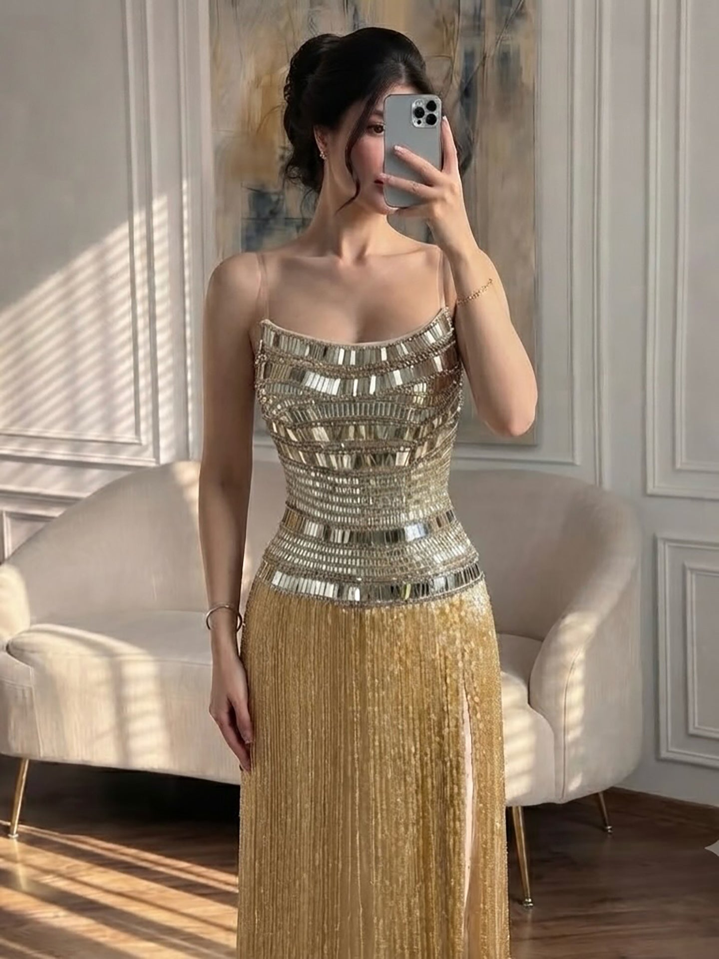 Luxury Gold Crystal Beaded Strapless Tassel Evening Dress LA73785 SERENE HILL
