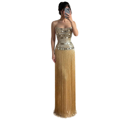 Luxury Gold Crystal Beaded Strapless Tassel Evening Dress LA73785 SERENE HILL