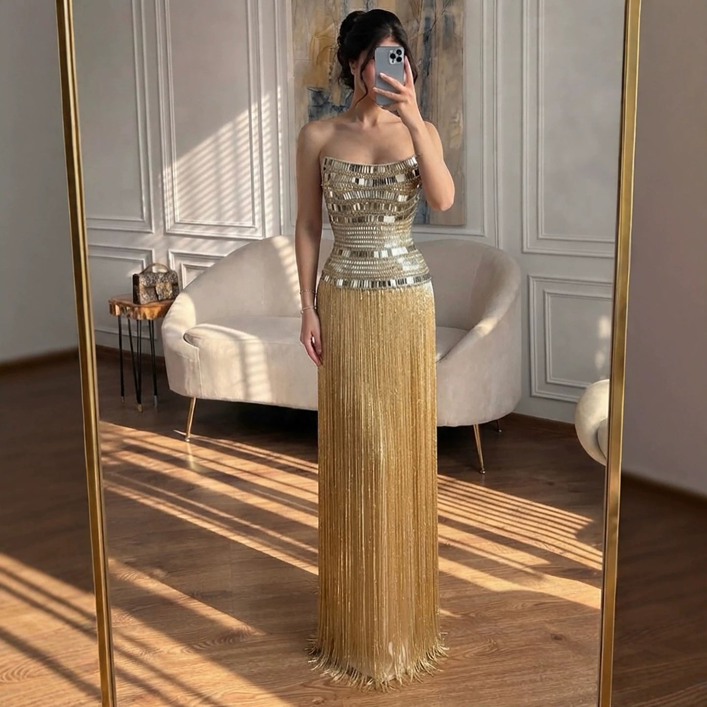 Luxury Gold Crystal Beaded Strapless Tassel Evening Dress LA73785 SERENE HILL