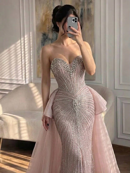 Luxury Nude Sweetheart Beaded Mermaid Dress with Overskirt LA73786 SERENE HILL