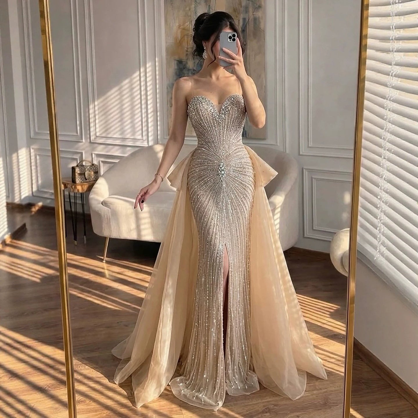 Luxury Nude Sweetheart Beaded Mermaid Dress with Overskirt LA73786 SERENE HILL