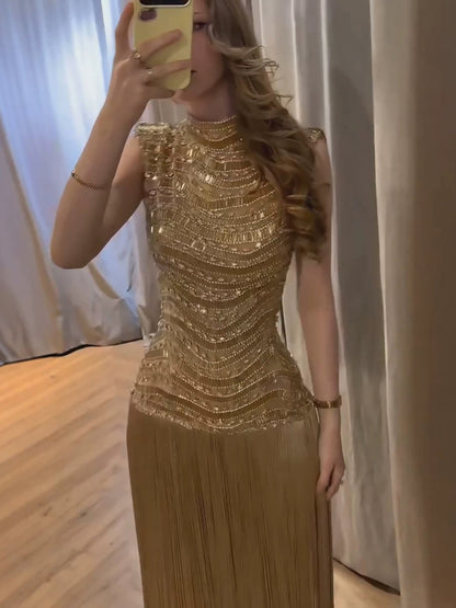Luxury Gold High-Neck Beaded Gown with Heavy Tassels LA73787 SERENE HILL