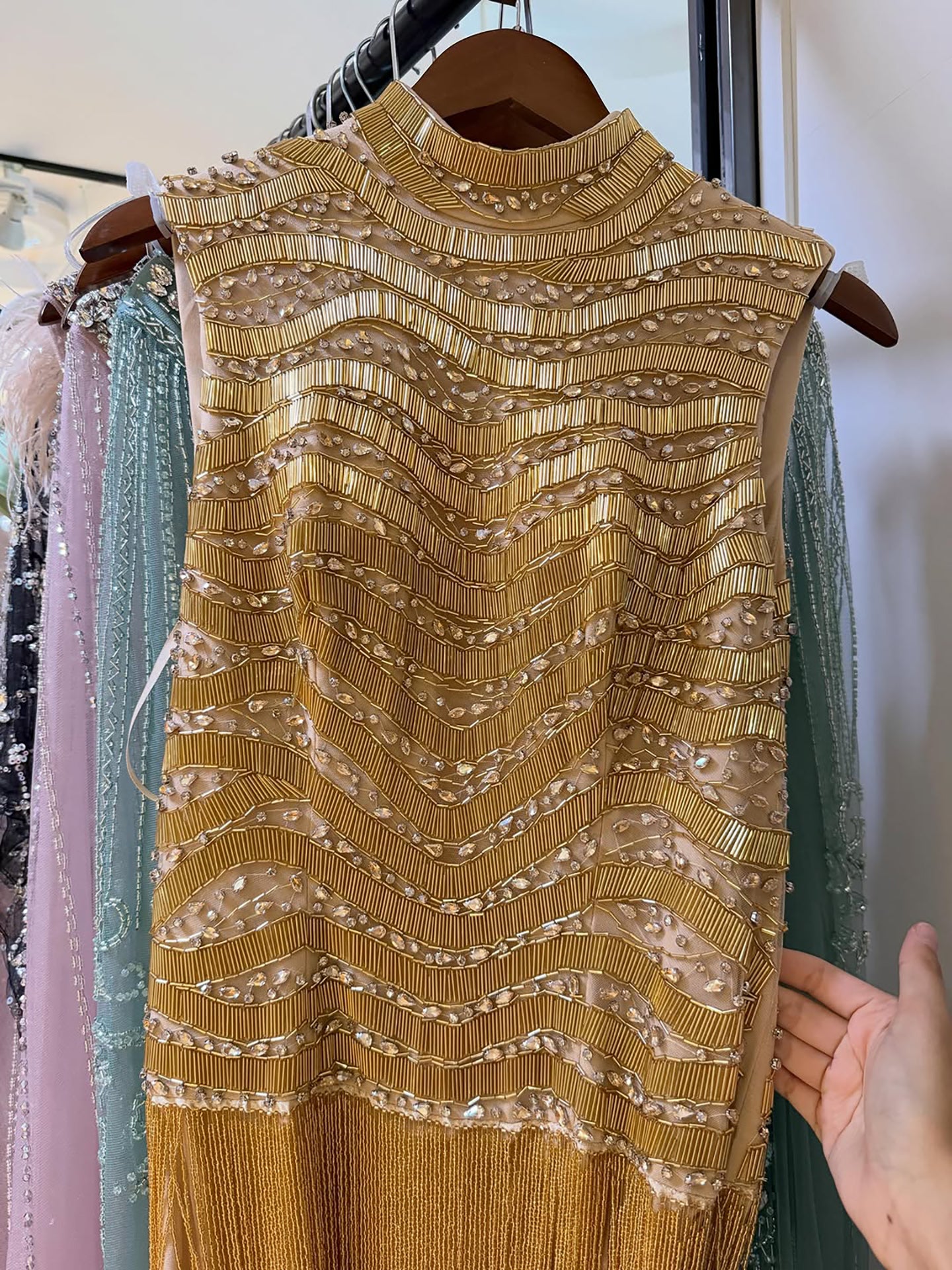Luxury Gold High-Neck Beaded Gown with Heavy Tassels LA73787 SERENE HILL