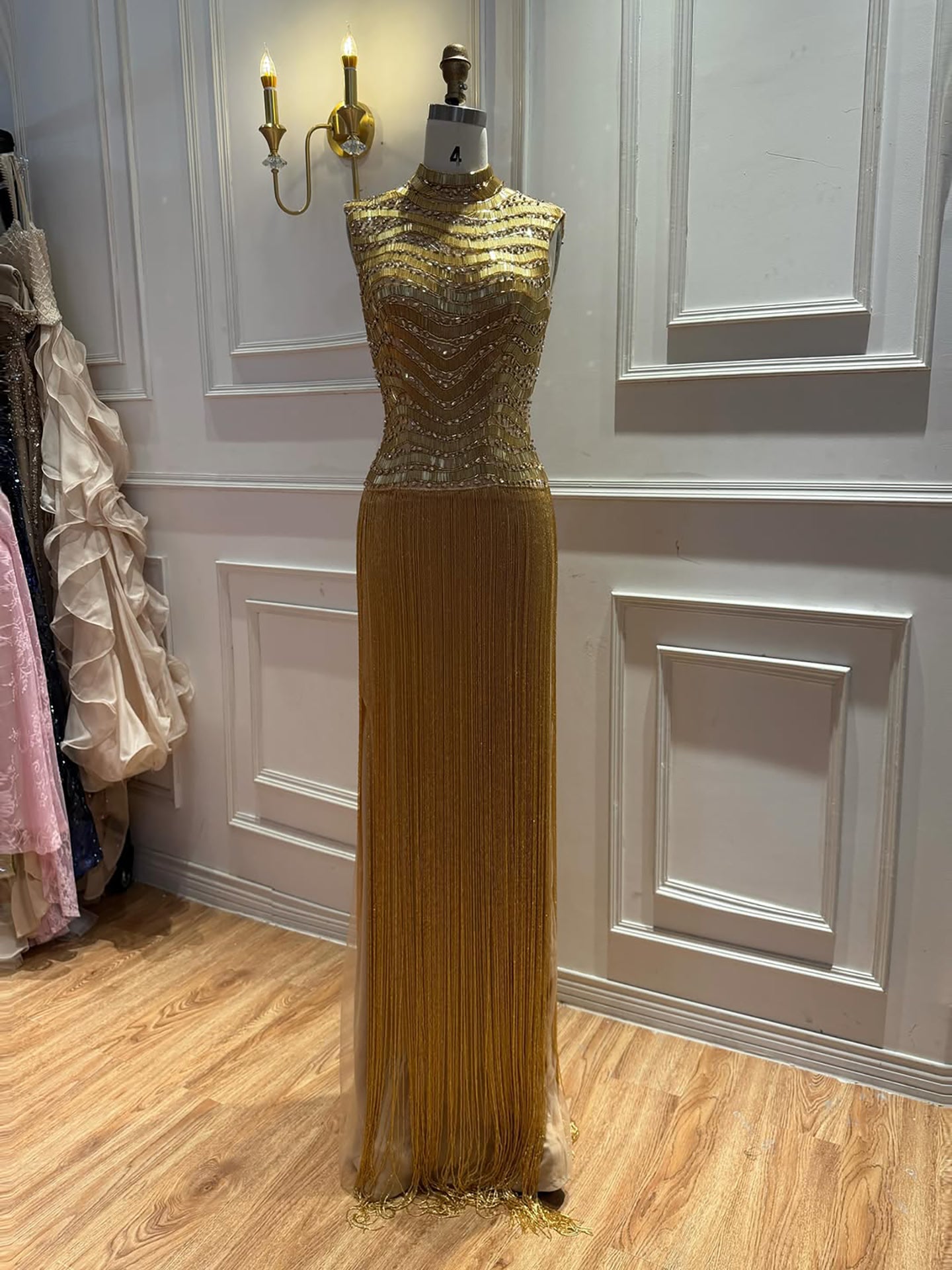 Luxury Gold High-Neck Beaded Gown with Heavy Tassels LA73787 SERENE HILL