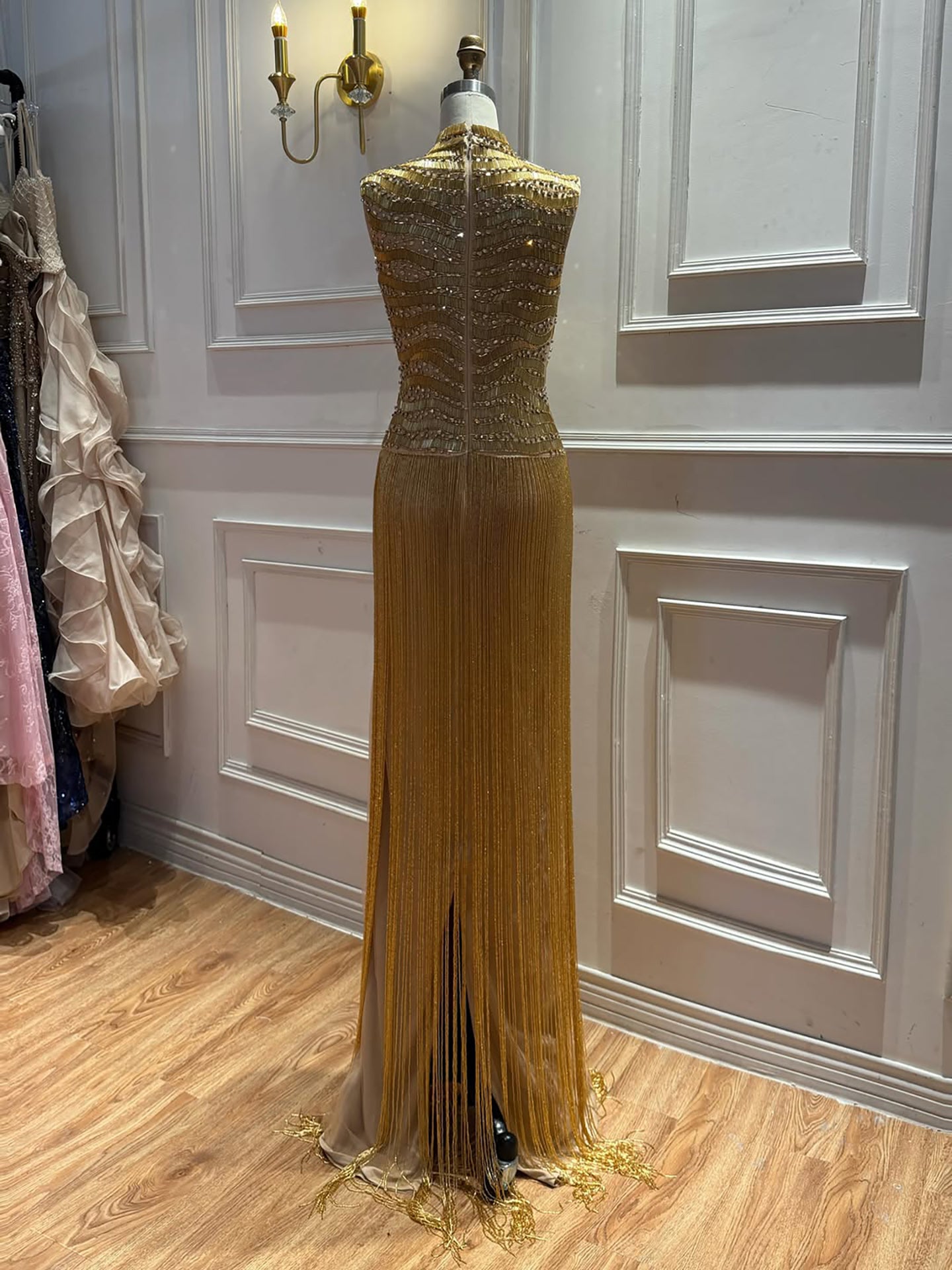 Luxury Gold High-Neck Beaded Gown with Heavy Tassels LA73787 SERENE HILL