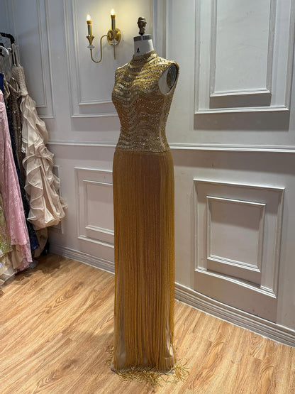 Luxury Gold High-Neck Beaded Gown with Heavy Tassels LA73787 SERENE HILL