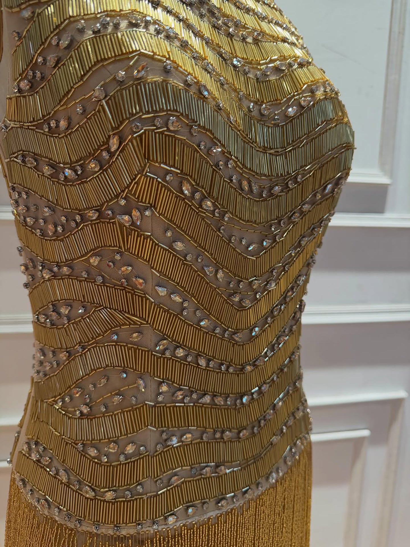 Luxury Gold High-Neck Beaded Gown with Heavy Tassels LA73787 SERENE HILL
