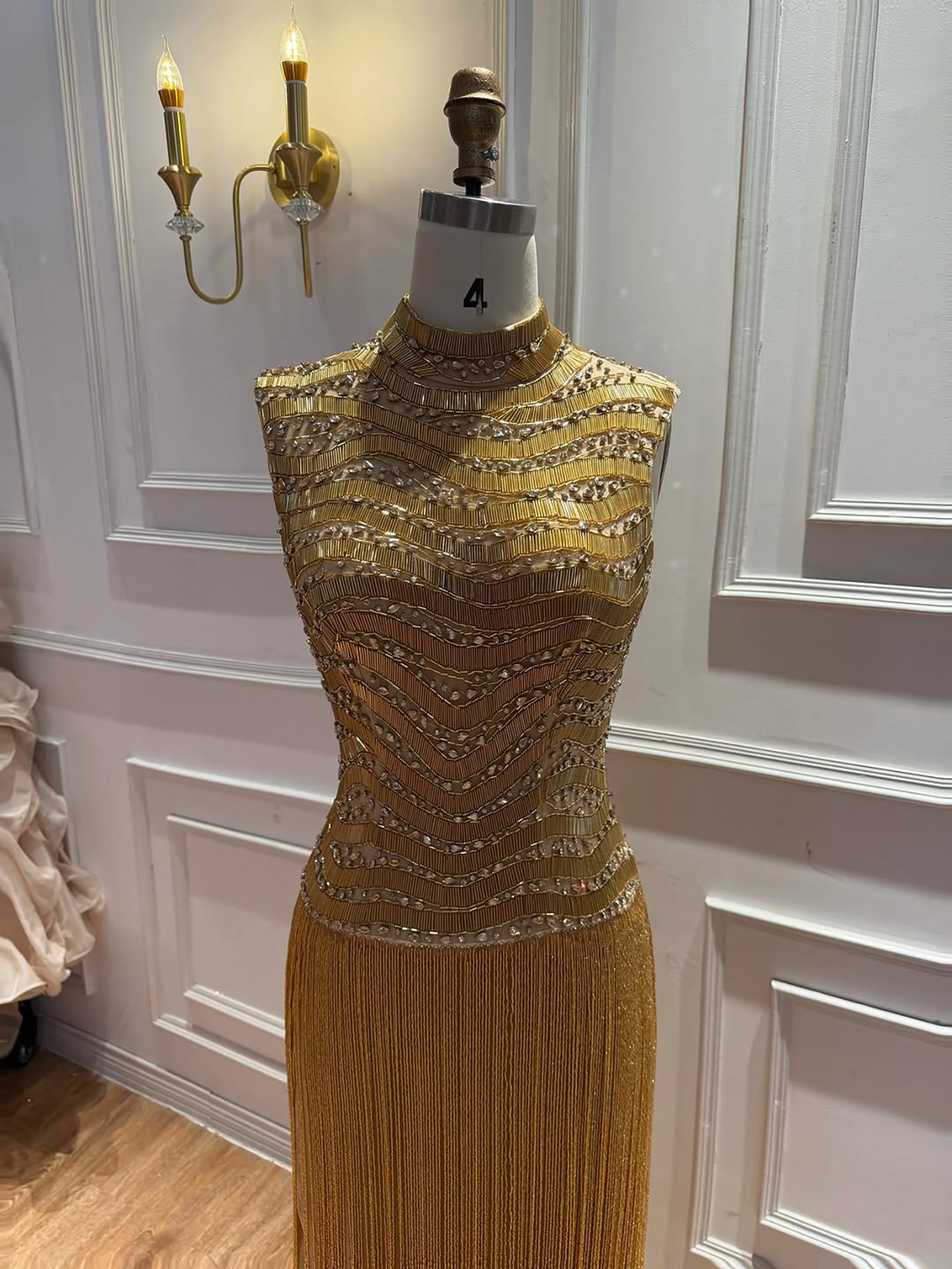 Luxury Gold High-Neck Beaded Gown with Heavy Tassels LA73787 SERENE HILL