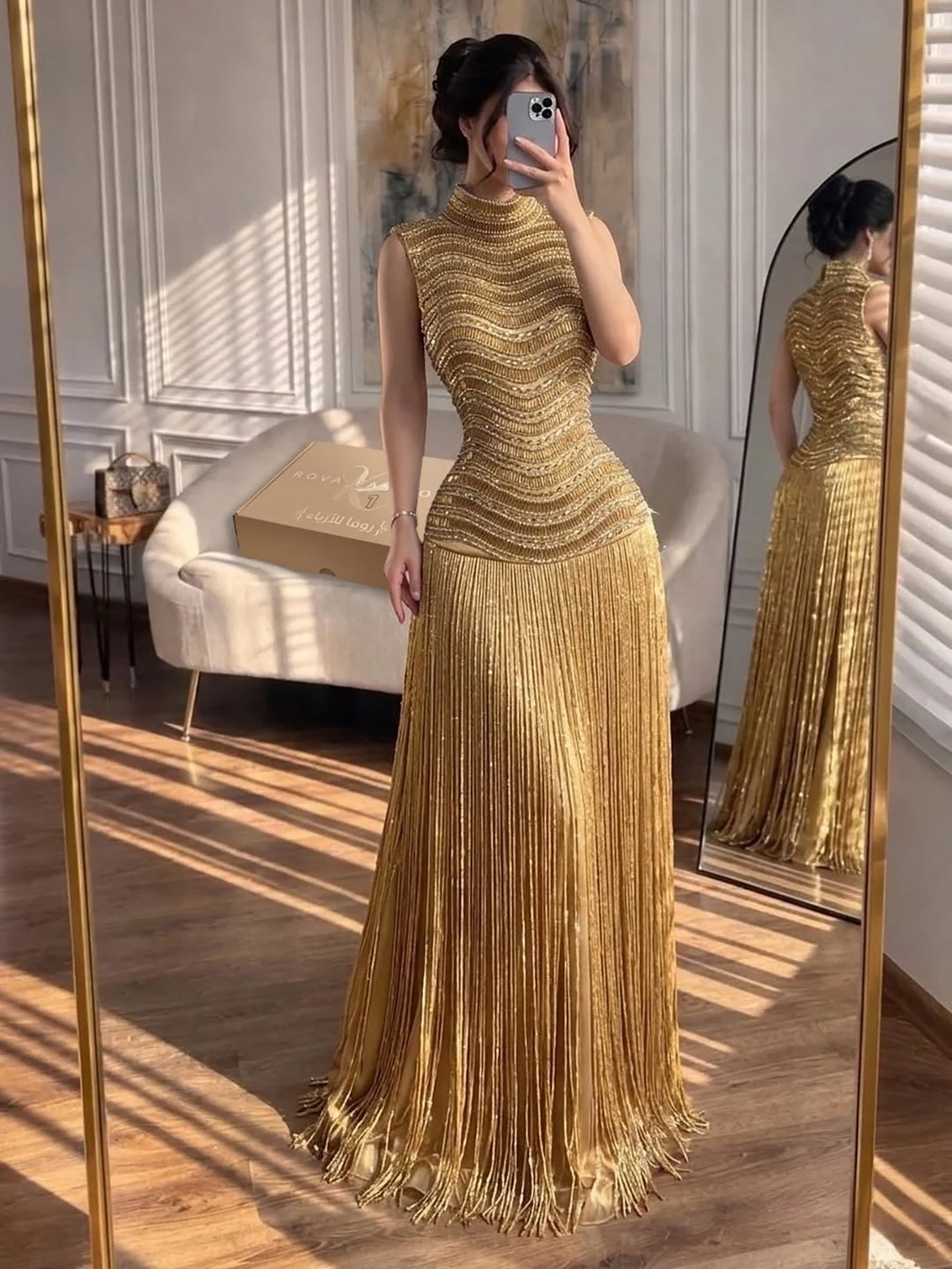 Luxury Gold High-Neck Beaded Gown with Heavy Tassels LA73787 SERENE HILL