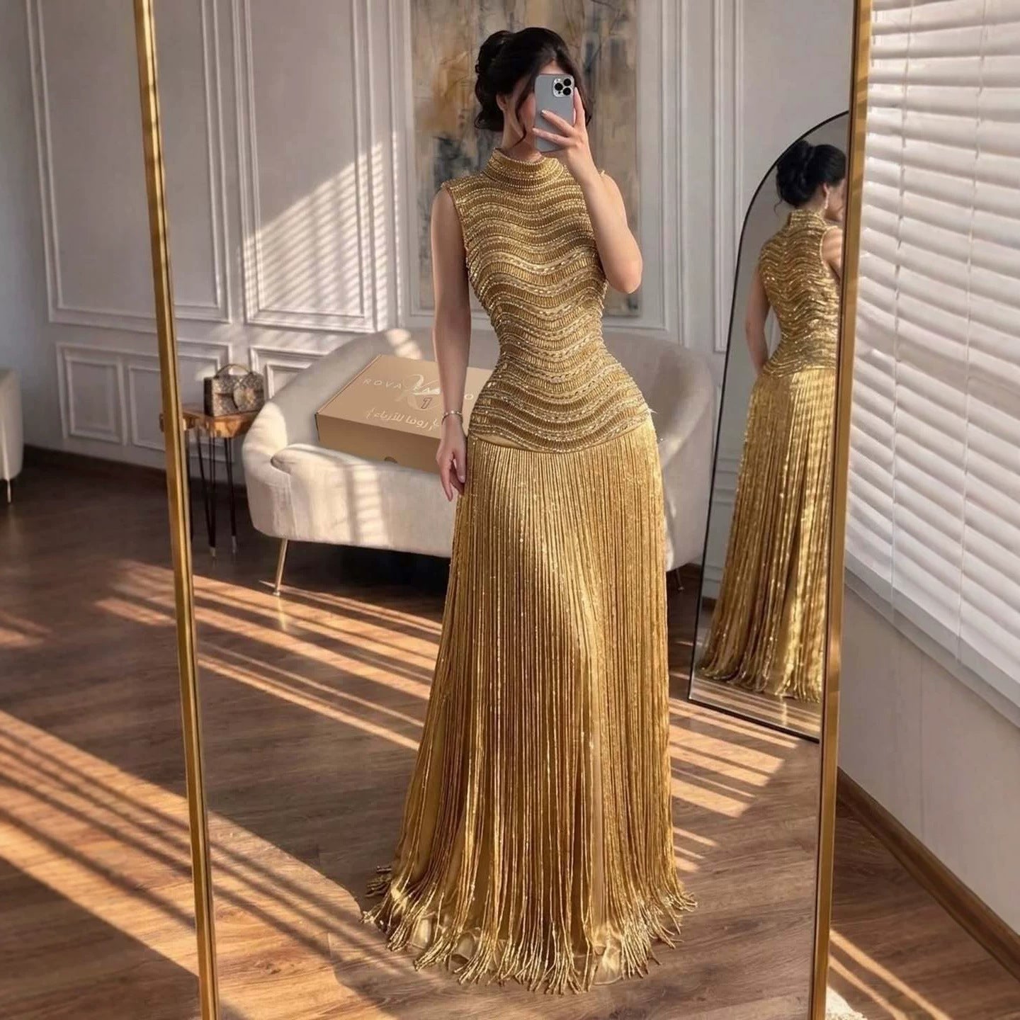 Luxury Gold High-Neck Beaded Gown with Heavy Tassels LA73787 SERENE HILL