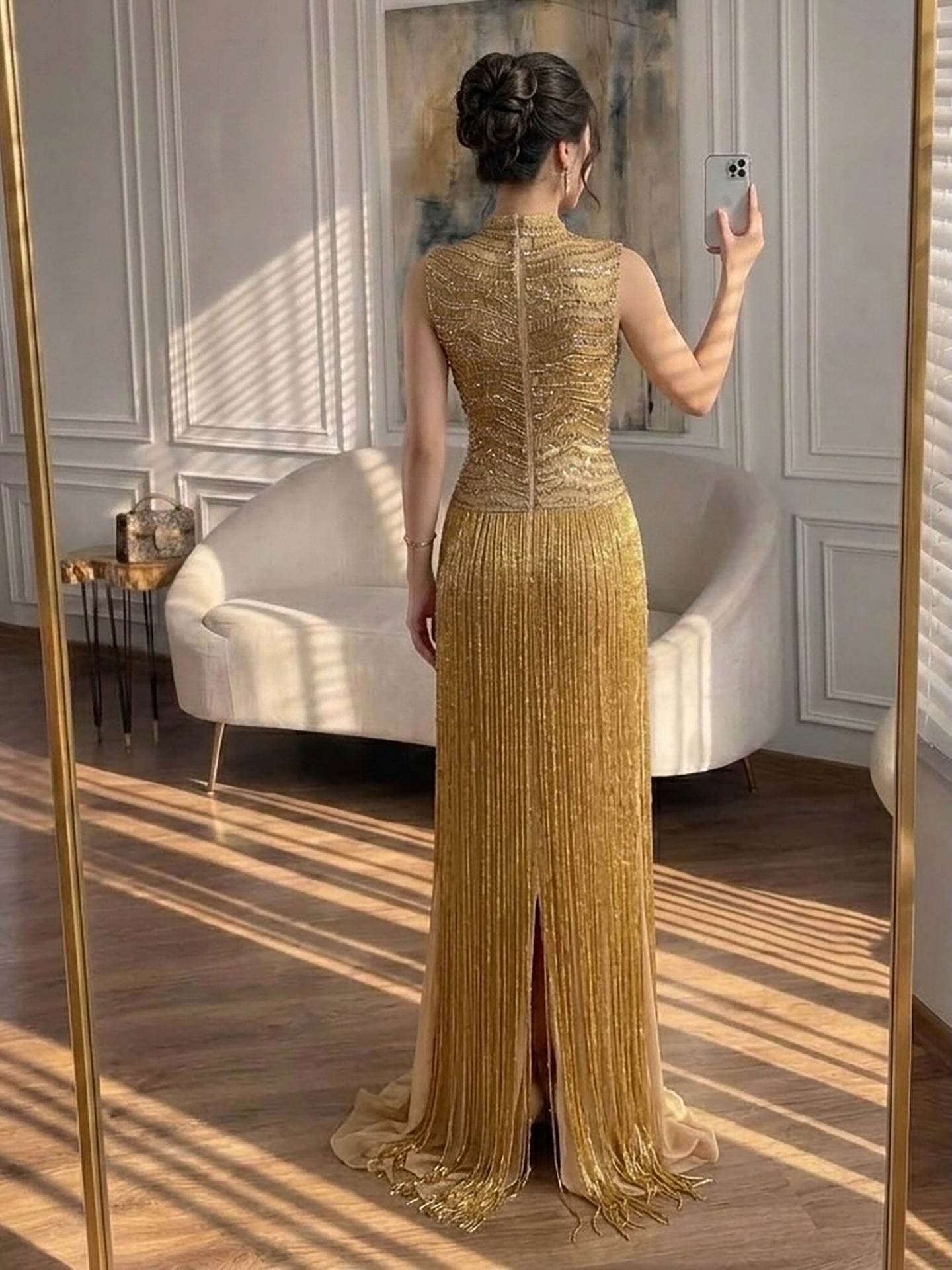 Luxury Gold High-Neck Beaded Gown with Heavy Tassels LA73787 SERENE HILL