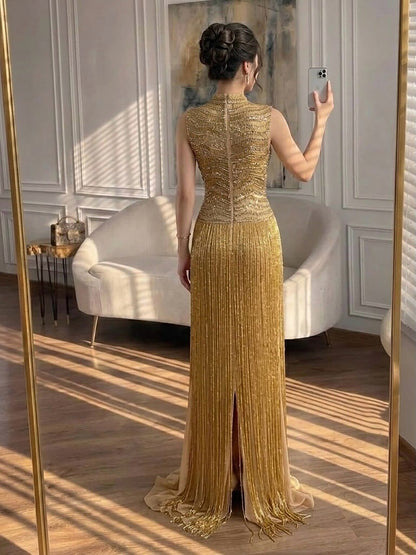 Luxury Gold High-Neck Beaded Gown with Heavy Tassels LA73787 SERENE HILL
