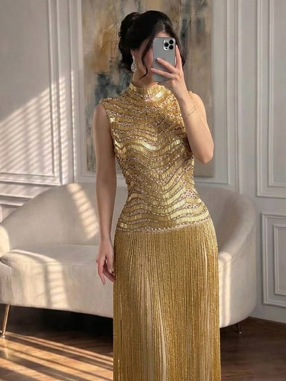 Luxury Gold High-Neck Beaded Gown with Heavy Tassels LA73787 SERENE HILL