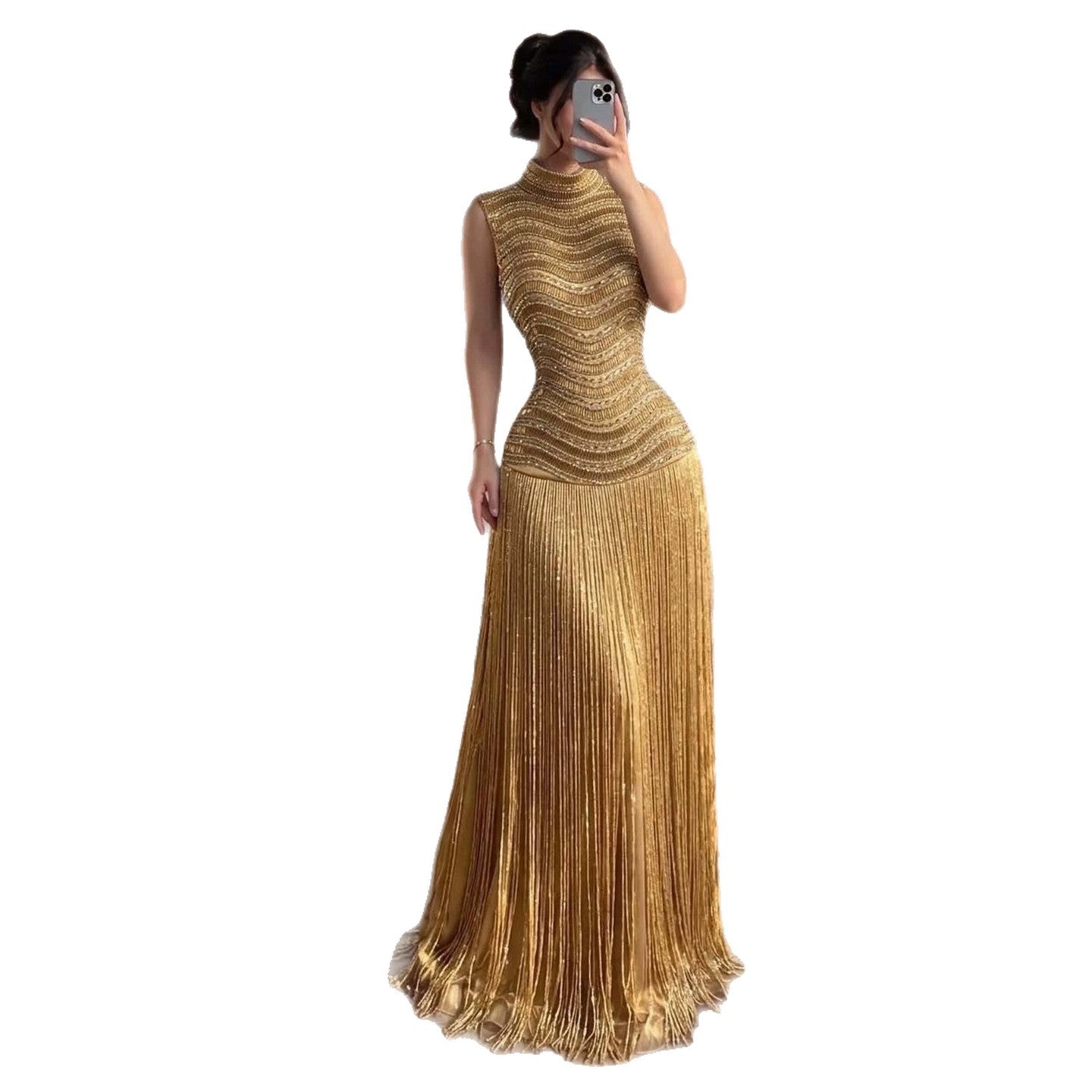 Luxury Gold High-Neck Beaded Gown with Heavy Tassels LA73787 SERENE HILL