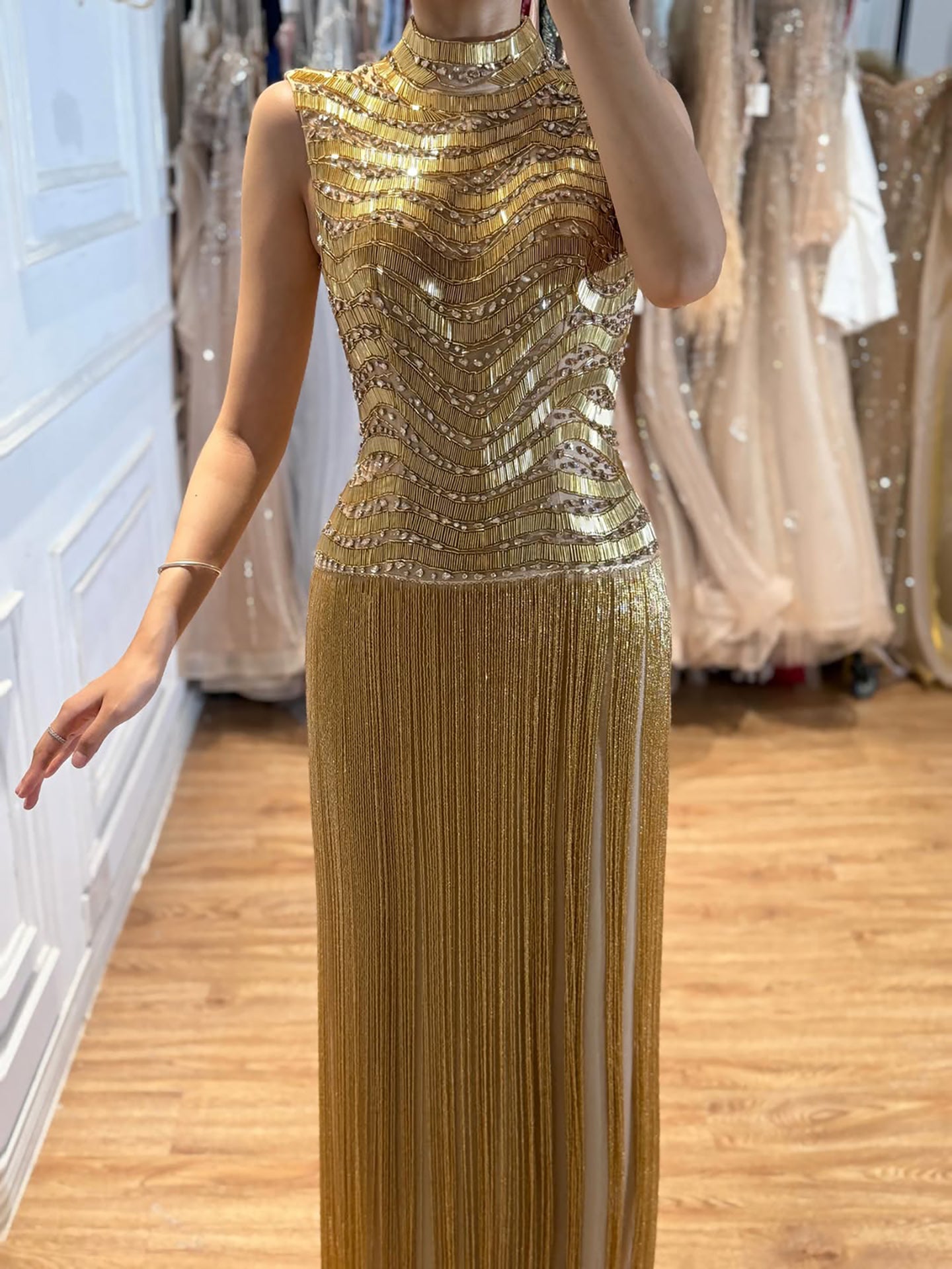 Luxury Gold High-Neck Beaded Gown with Heavy Tassels LA73787 SERENE HILL