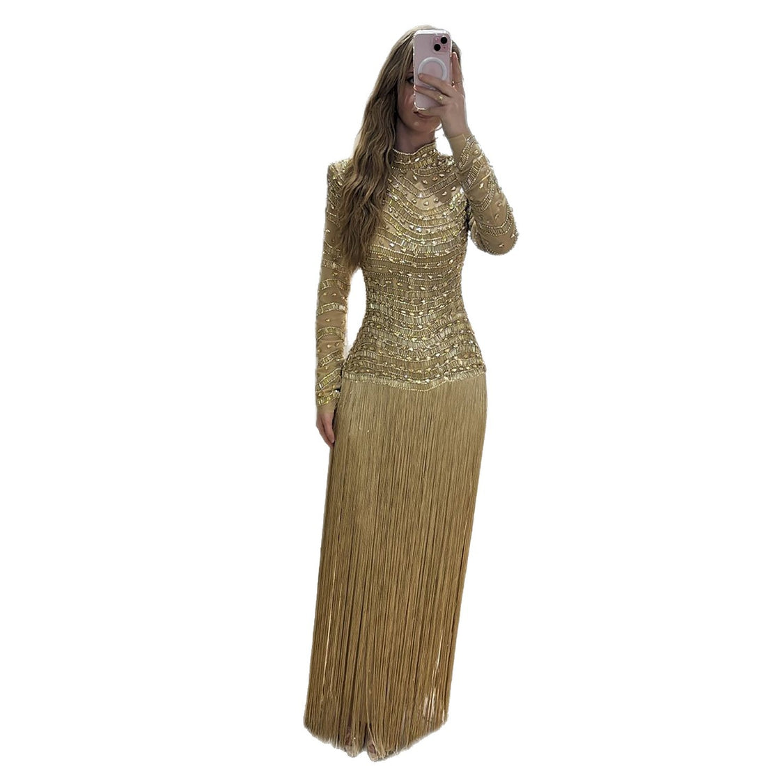 Luxury Gold High Neck Beaded Fringe Long Sleeve Dress LA73787A SERENE HILL