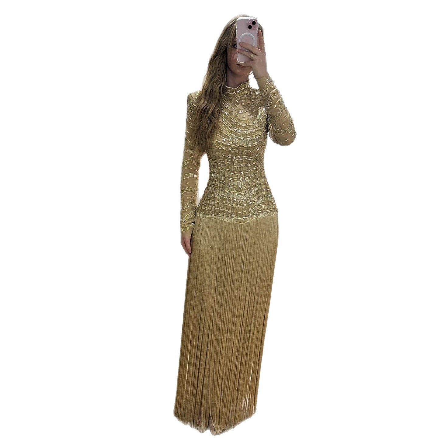 Luxury Gold High Neck Beaded Fringe Long Sleeve Dress LA73787A SERENE HILL