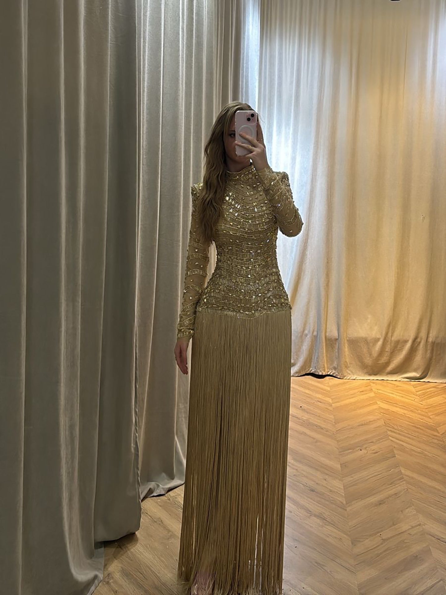 Luxury Gold High Neck Beaded Fringe Long Sleeve Dress LA73787A SERENE HILL