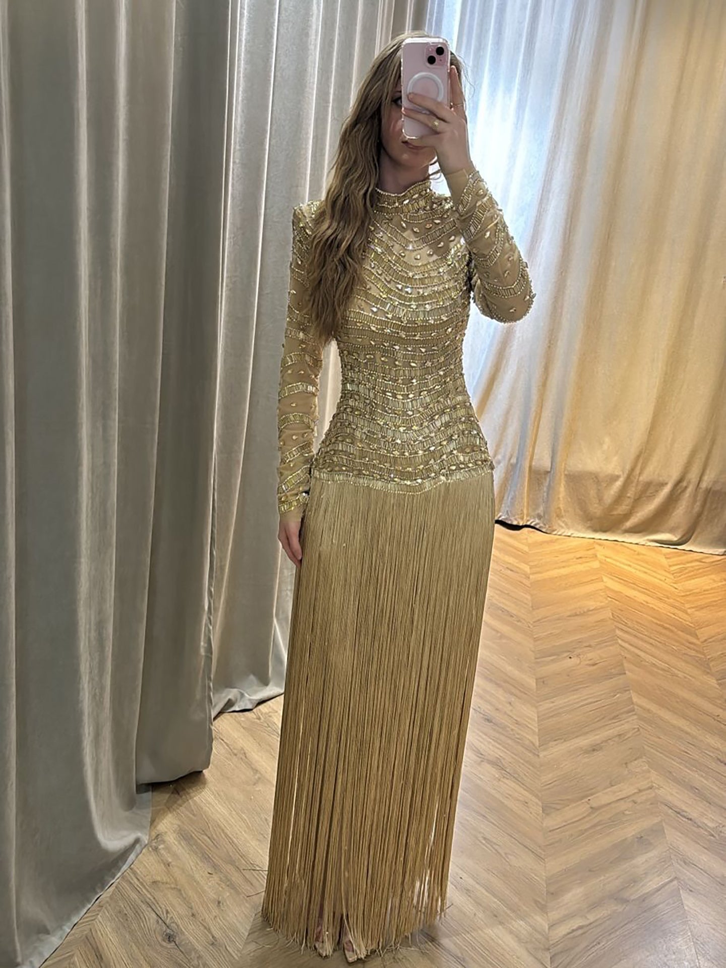 Luxury Gold High Neck Beaded Fringe Long Sleeve Dress LA73787A Gold / 8