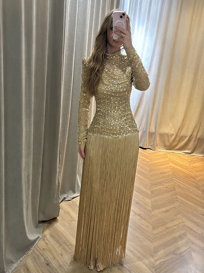 Luxury Gold High Neck Beaded Fringe Long Sleeve Dress LA73787A SERENE HILL