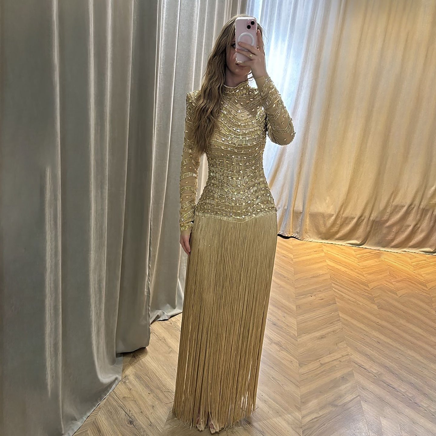 Luxury Gold High Neck Beaded Fringe Long Sleeve Dress LA73787A SERENE HILL