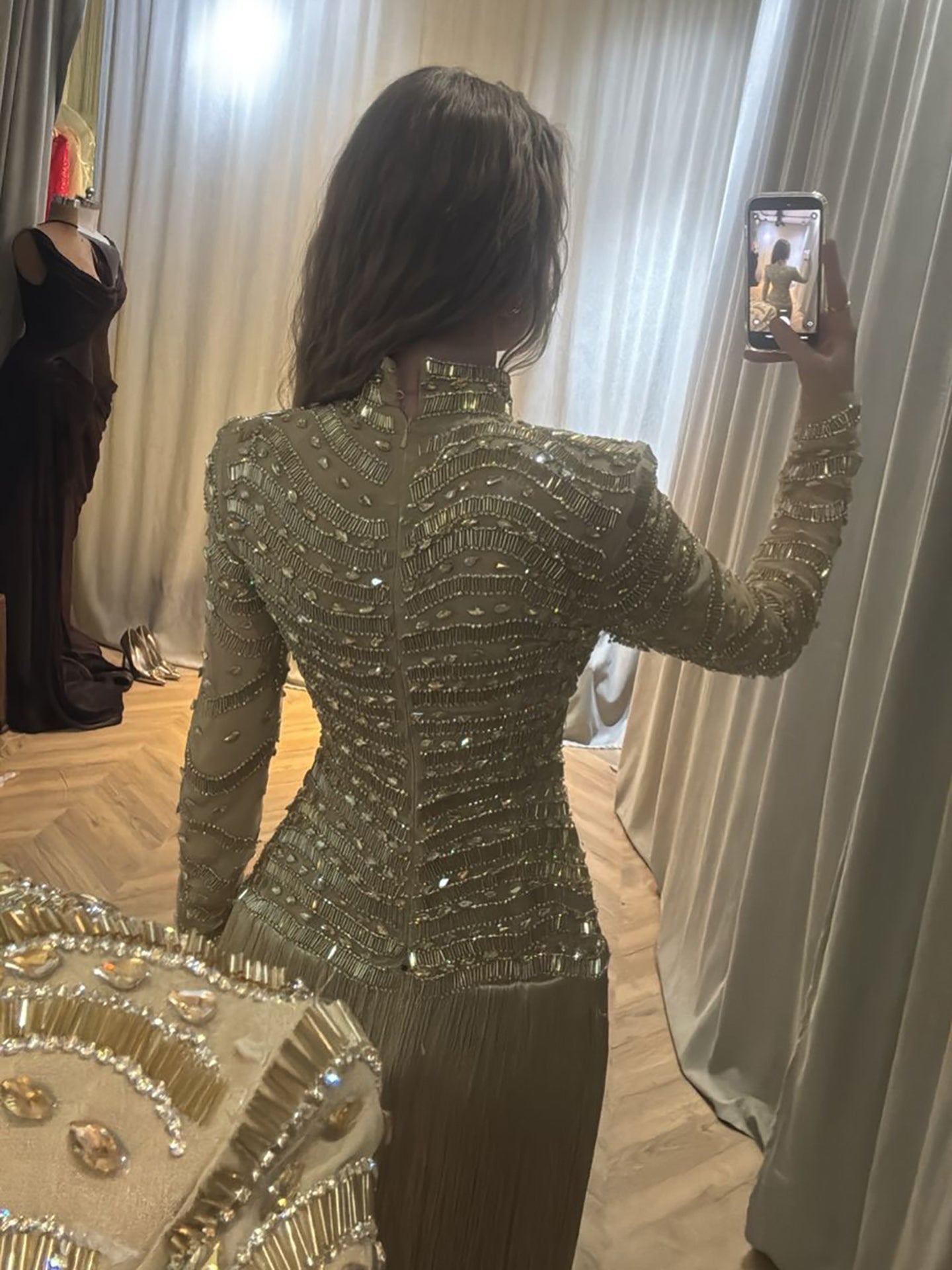 Luxury Gold High Neck Beaded Fringe Long Sleeve Dress LA73787A SERENE HILL