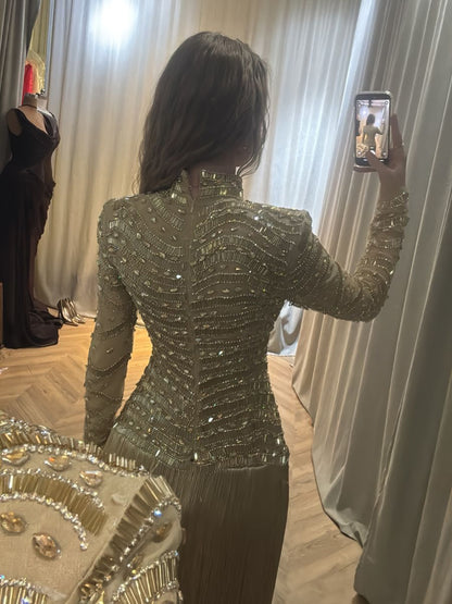 Luxury Gold High Neck Beaded Fringe Long Sleeve Dress LA73787A SERENE HILL