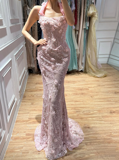 Luxury Pink Mermaid Off-Shoulder 3D Floral Lace Dress LA73788 SERENE HILL
