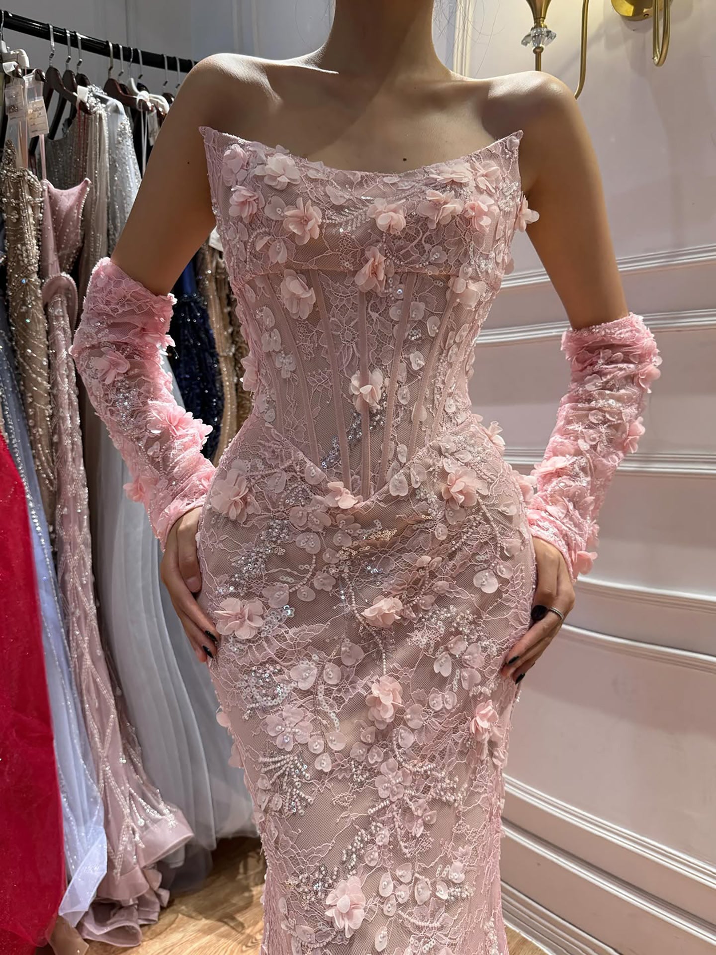 Luxury Pink Mermaid Off-Shoulder 3D Floral Lace Dress LA73788 SERENE HILL