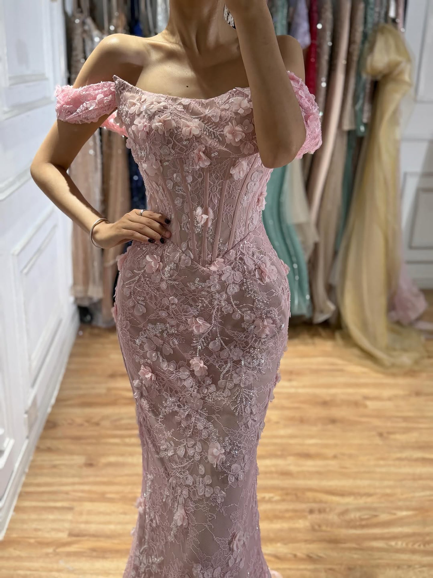 Luxury Pink Mermaid Off-Shoulder 3D Floral Lace Dress LA73788 SERENE HILL