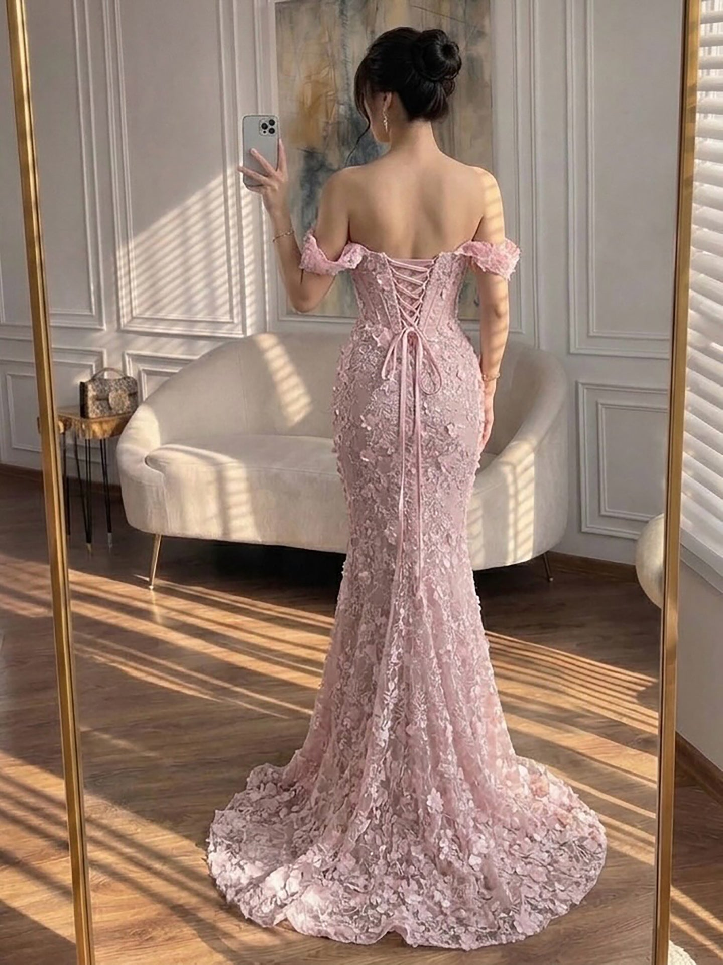 Luxury Pink Mermaid Off-Shoulder 3D Floral Lace Dress LA73788 SERENE HILL