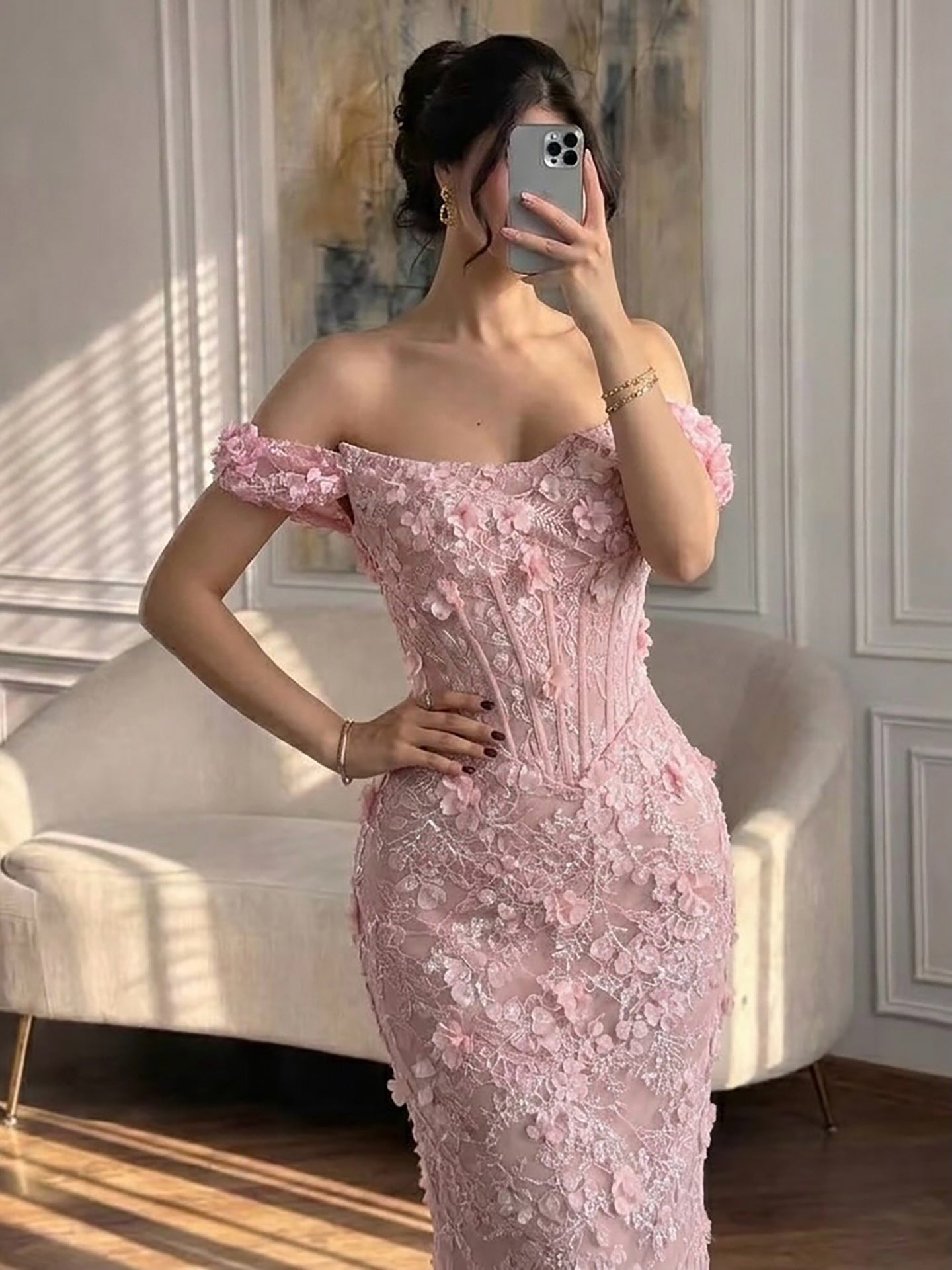 Luxury Pink Mermaid Off-Shoulder 3D Floral Lace Dress LA73788 SERENE HILL