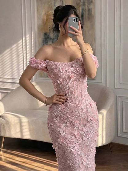 Luxury Pink Mermaid Off-Shoulder 3D Floral Lace Dress LA73788 SERENE HILL