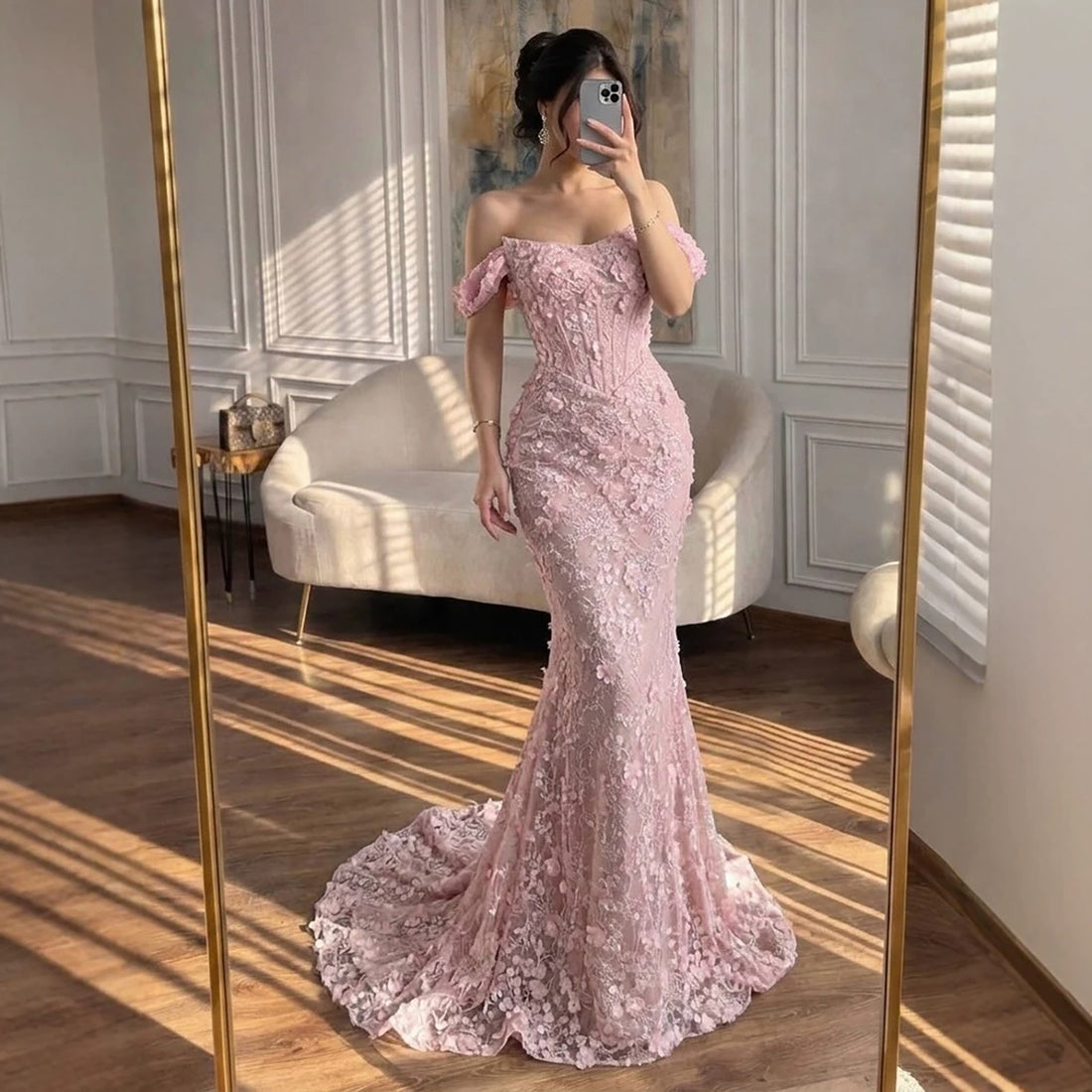 Luxury Pink Mermaid Off-Shoulder 3D Floral Lace Dress LA73788 SERENE HILL
