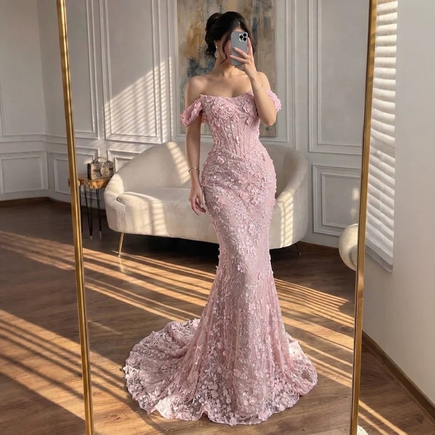 Luxury Pink Mermaid Off-Shoulder 3D Floral Lace Dress LA73788 SERENE HILL