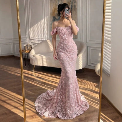 Luxury Pink Mermaid Off-Shoulder 3D Floral Lace Dress LA73788 SERENE HILL