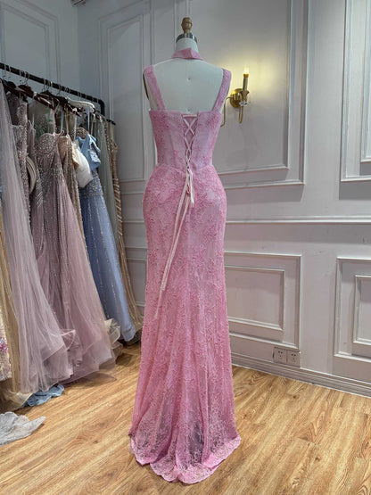 Luxury Pink Beaded Lace Mermaid Evening Dress With Choker LA73789 SERENE HILL