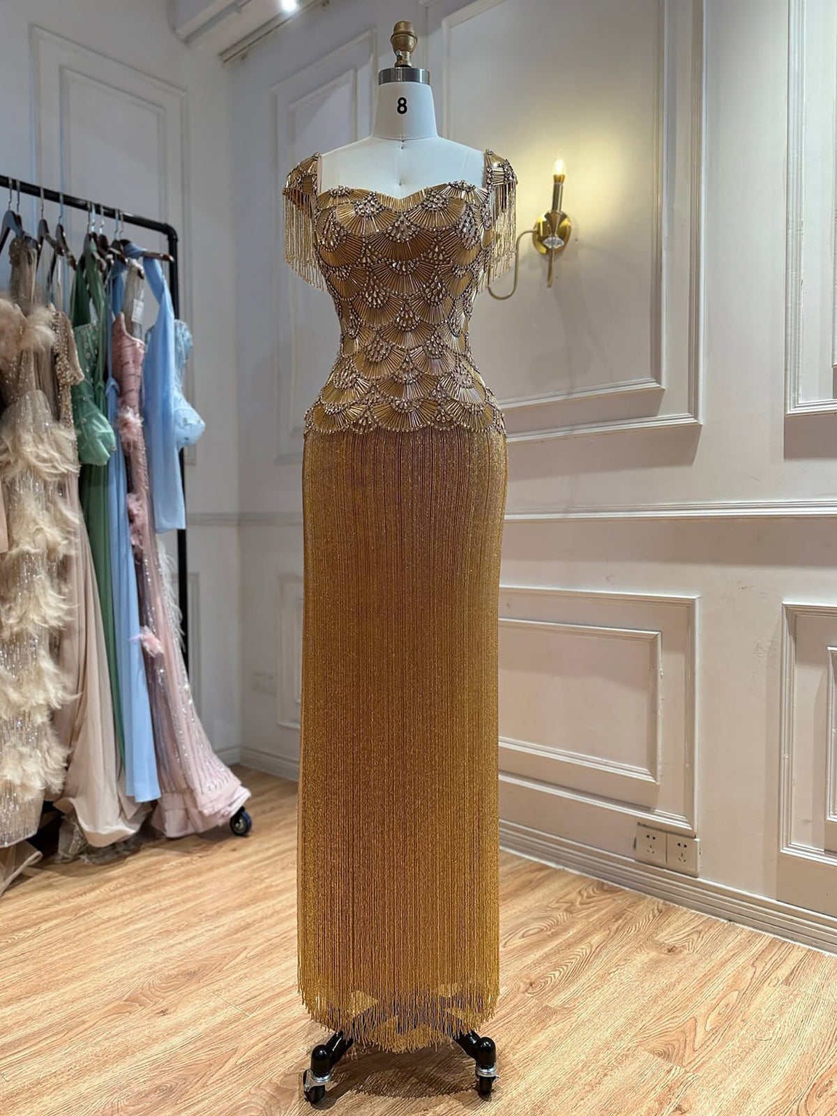 Luxury Gold Sweetheart Beaded Fringe Evening Gown LA73790