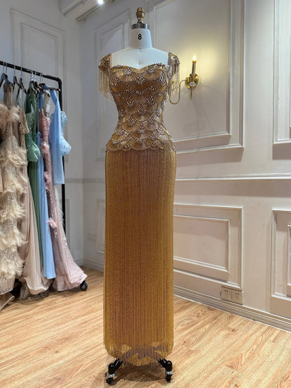 Luxury Gold Sweetheart Beaded Fringe Evening Gown LA73790