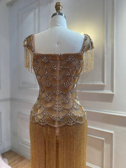 Luxury Gold Sweetheart Beaded Fringe Evening Gown LA73790