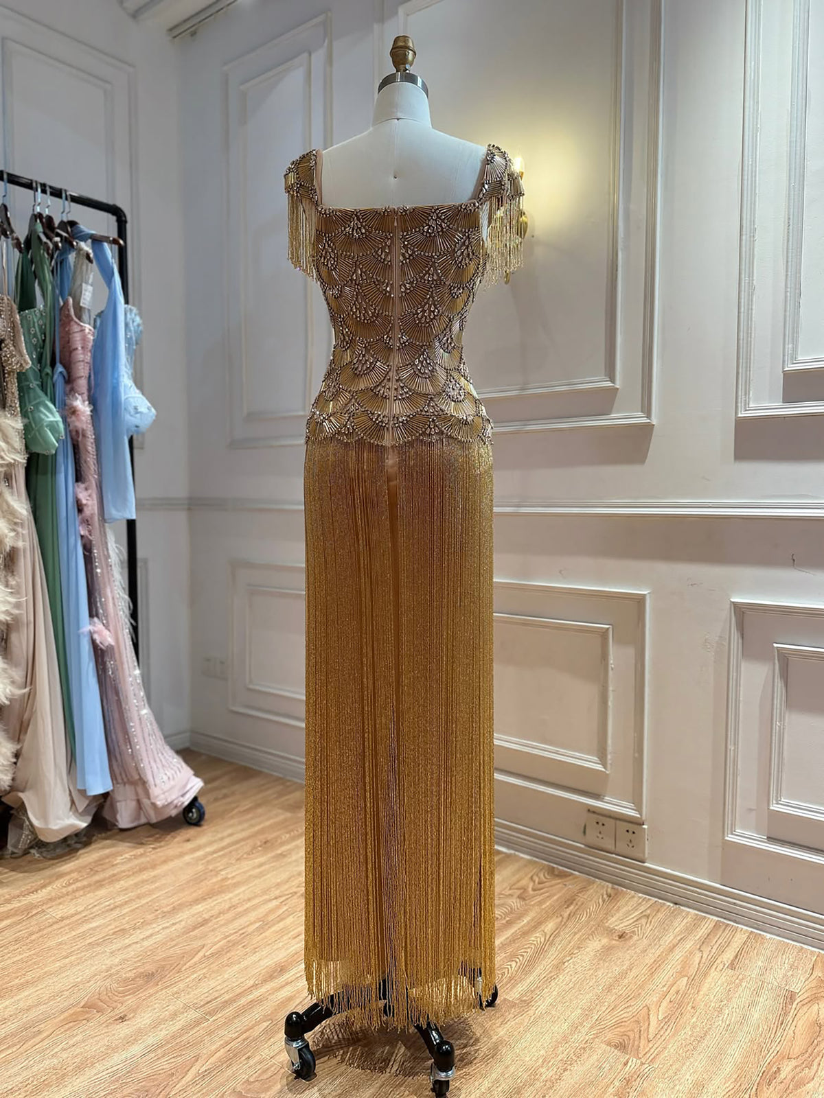 Luxury Gold Sweetheart Beaded Fringe Evening Gown LA73790