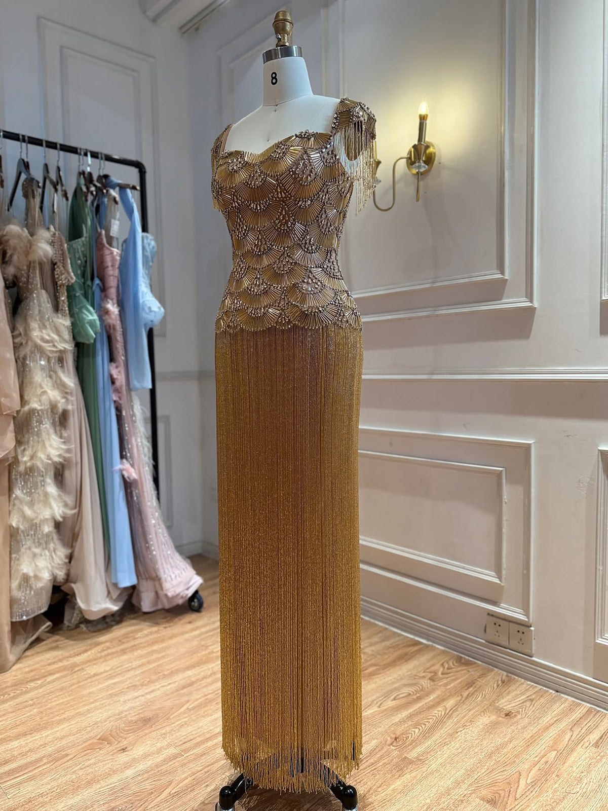 Luxury Gold Sweetheart Beaded Fringe Evening Gown LA73790